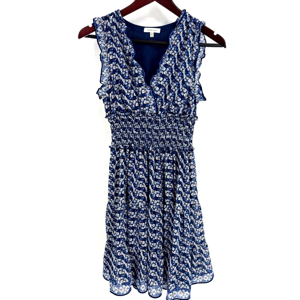 Max Studio Blue V-Neck Dress XS Ruffles Boho Romantic‎ Whimsical Cottagecore